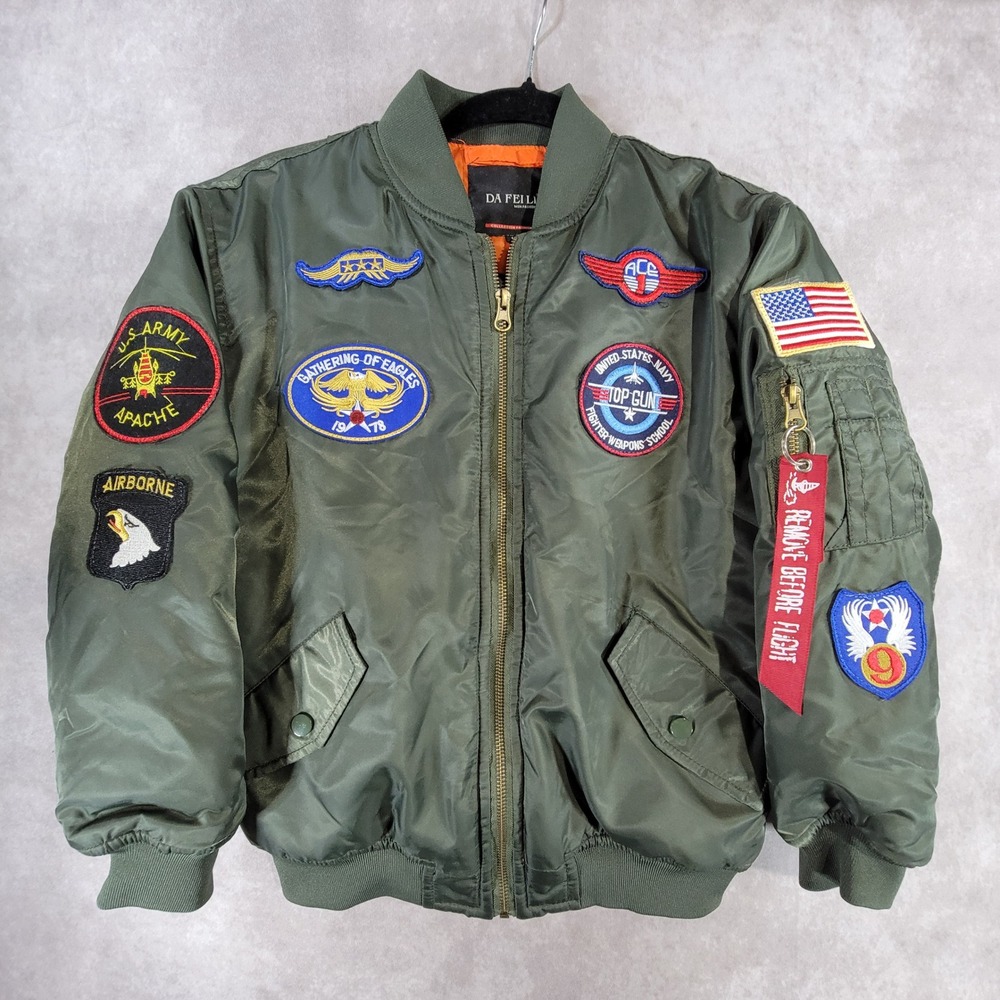 Da Fei Li Kids MA-1 Flight Bomber Jacket Olive Green Top Gun Patches Size 10
